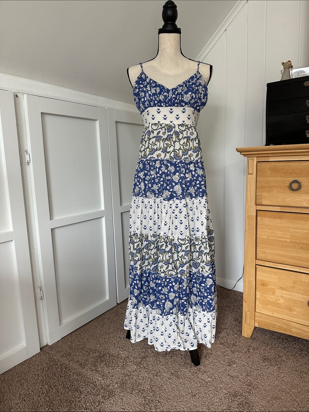 Zara White and Blue Floral Tiered Spaghetti-Strap Maxi Dress